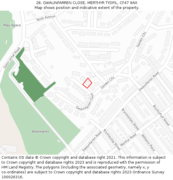 28, GWAUNFARREN CLOSE, MERTHYR TYDFIL, CF47 9AX: Location map and indicative extent of plot