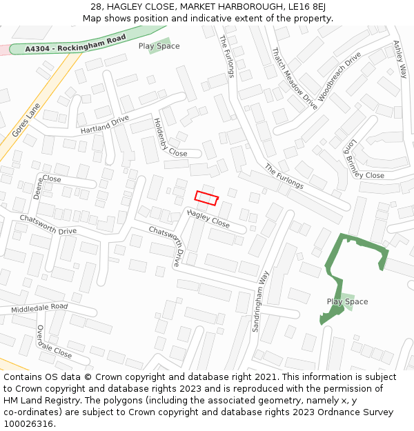 28, HAGLEY CLOSE, MARKET HARBOROUGH, LE16 8EJ: Location map and indicative extent of plot