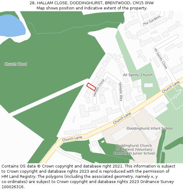 28, HALLAM CLOSE, DODDINGHURST, BRENTWOOD, CM15 0NW: Location map and indicative extent of plot