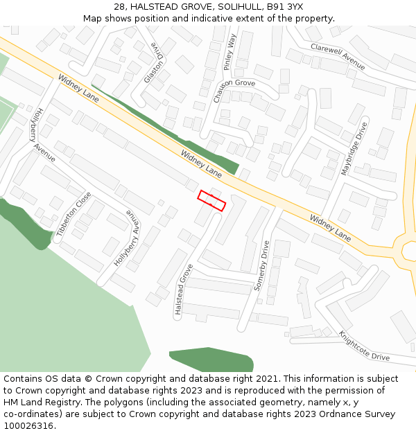 28, HALSTEAD GROVE, SOLIHULL, B91 3YX: Location map and indicative extent of plot