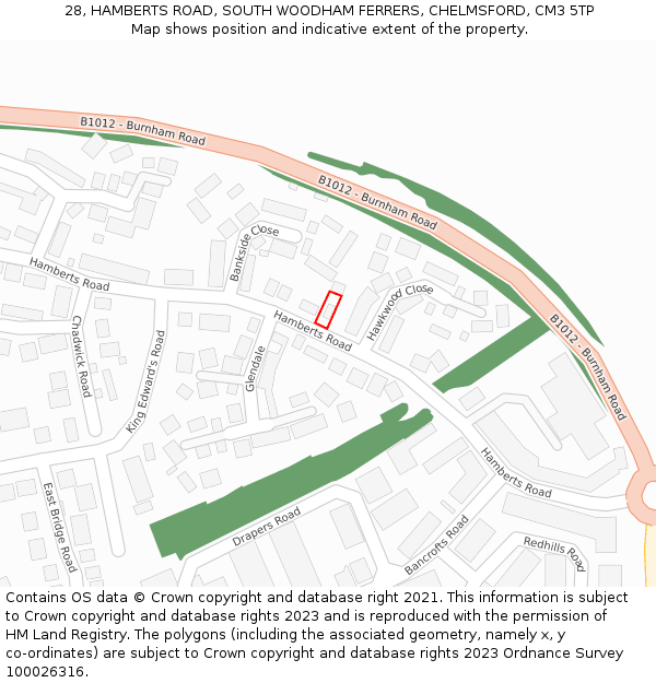 28, HAMBERTS ROAD, SOUTH WOODHAM FERRERS, CHELMSFORD, CM3 5TP: Location map and indicative extent of plot