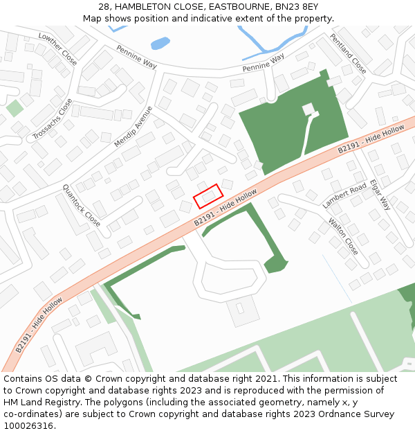 28, HAMBLETON CLOSE, EASTBOURNE, BN23 8EY: Location map and indicative extent of plot