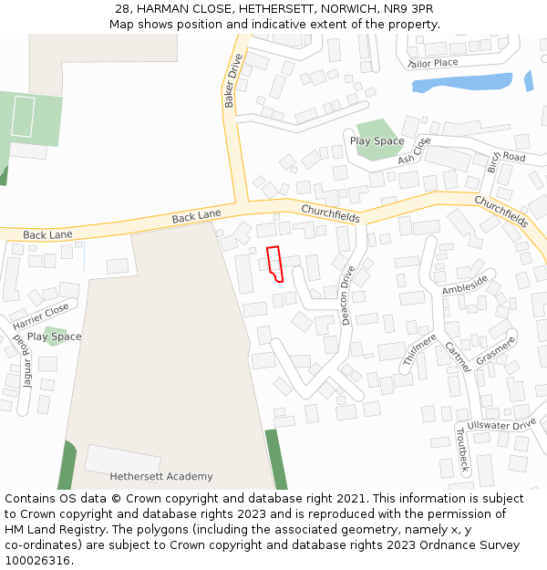 28, HARMAN CLOSE, HETHERSETT, NORWICH, NR9 3PR: Location map and indicative extent of plot