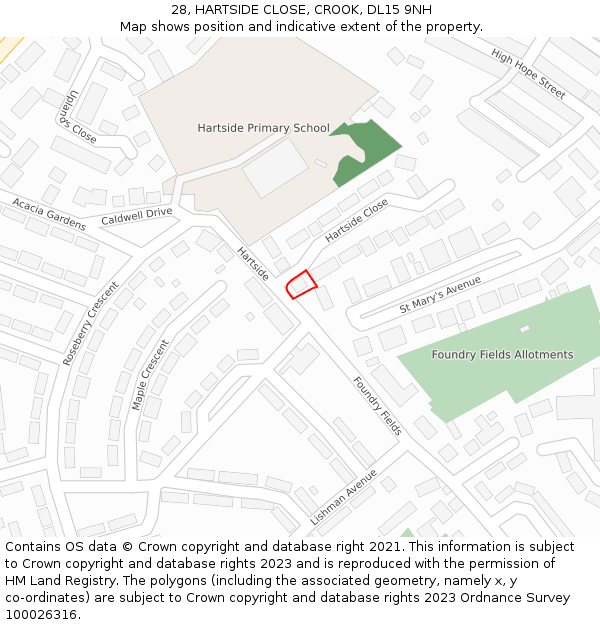 28, HARTSIDE CLOSE, CROOK, DL15 9NH: Location map and indicative extent of plot