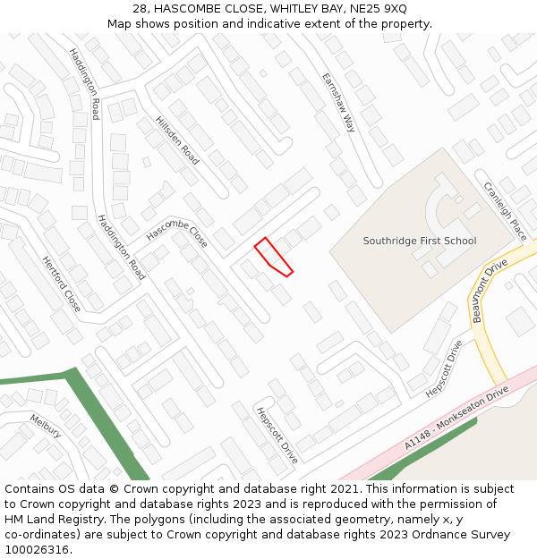 28, HASCOMBE CLOSE, WHITLEY BAY, NE25 9XQ: Location map and indicative extent of plot