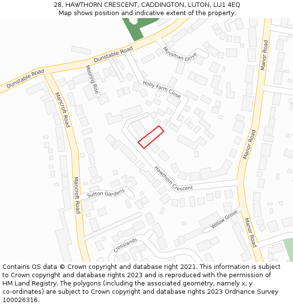 28, HAWTHORN CRESCENT, CADDINGTON, LUTON, LU1 4EQ: Location map and indicative extent of plot