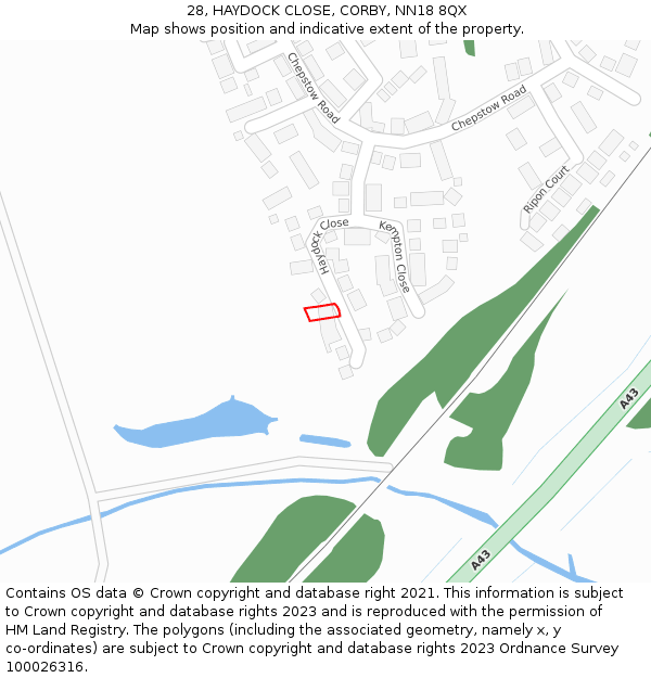 28, HAYDOCK CLOSE, CORBY, NN18 8QX: Location map and indicative extent of plot