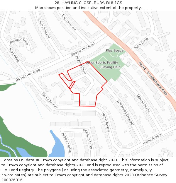 28, HAYLING CLOSE, BURY, BL8 1GS: Location map and indicative extent of plot