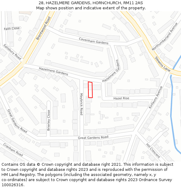 28, HAZELMERE GARDENS, HORNCHURCH, RM11 2AS: Location map and indicative extent of plot