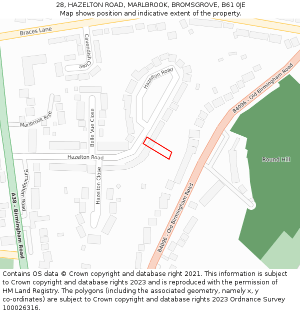 28, HAZELTON ROAD, MARLBROOK, BROMSGROVE, B61 0JE: Location map and indicative extent of plot