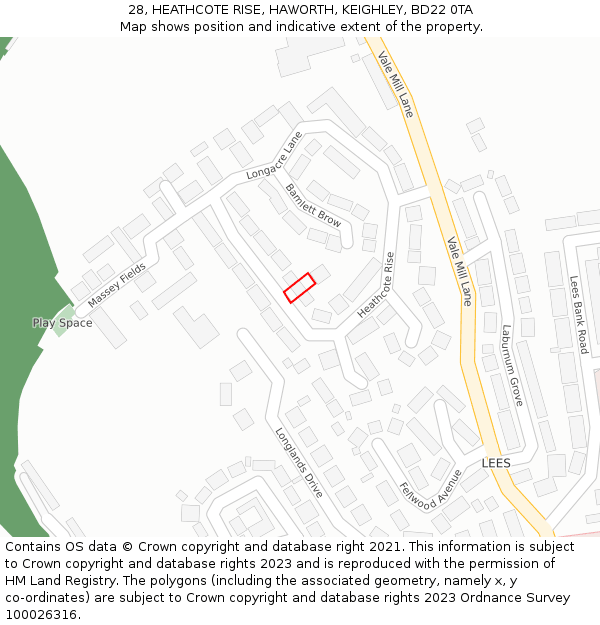 28, HEATHCOTE RISE, HAWORTH, KEIGHLEY, BD22 0TA: Location map and indicative extent of plot