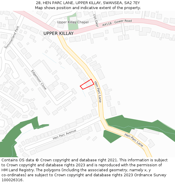 28, HEN PARC LANE, UPPER KILLAY, SWANSEA, SA2 7EY: Location map and indicative extent of plot