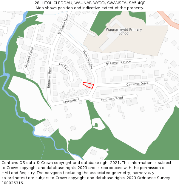 28, HEOL CLEDDAU, WAUNARLWYDD, SWANSEA, SA5 4QF: Location map and indicative extent of plot