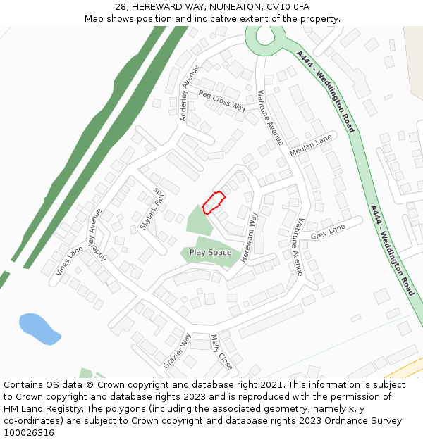 28, HEREWARD WAY, NUNEATON, CV10 0FA: Location map and indicative extent of plot