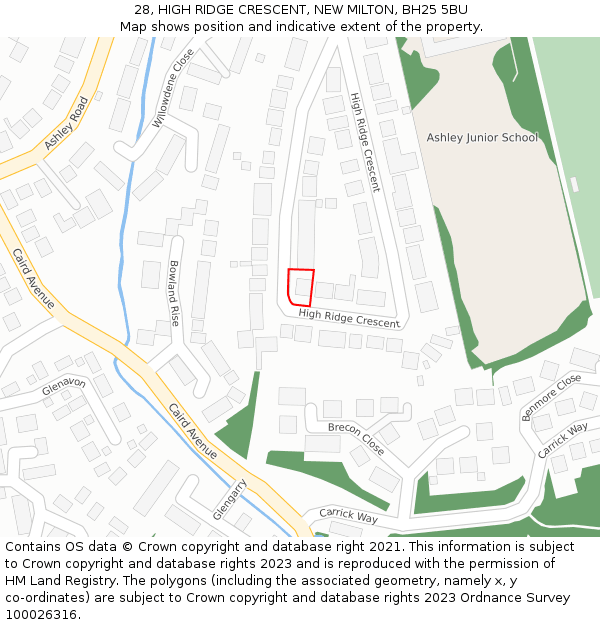 28, HIGH RIDGE CRESCENT, NEW MILTON, BH25 5BU: Location map and indicative extent of plot