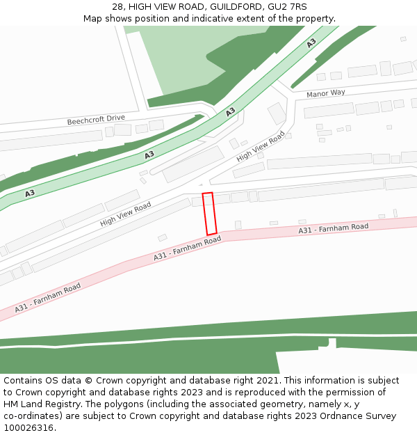 28, HIGH VIEW ROAD, GUILDFORD, GU2 7RS: Location map and indicative extent of plot