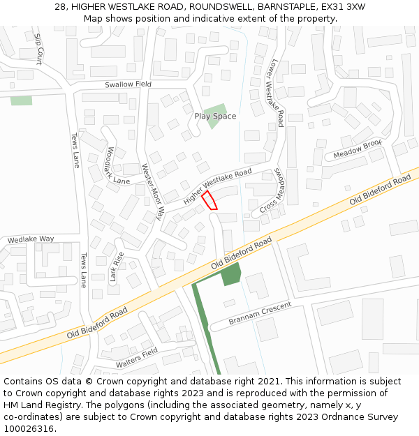 28, HIGHER WESTLAKE ROAD, ROUNDSWELL, BARNSTAPLE, EX31 3XW: Location map and indicative extent of plot