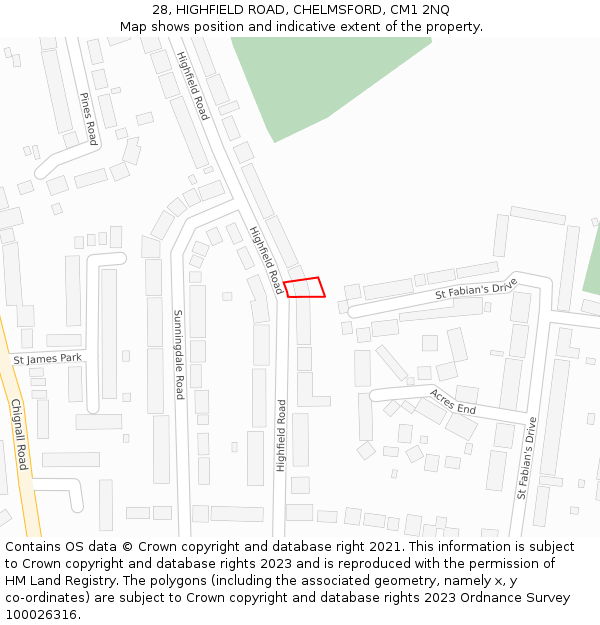 28, HIGHFIELD ROAD, CHELMSFORD, CM1 2NQ: Location map and indicative extent of plot