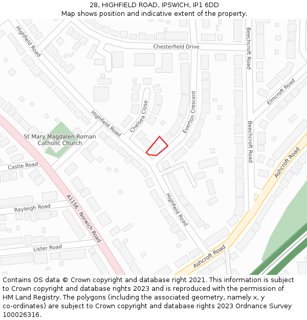 28, HIGHFIELD ROAD, IPSWICH, IP1 6DD: Location map and indicative extent of plot