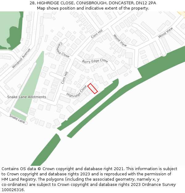 28, HIGHRIDGE CLOSE, CONISBROUGH, DONCASTER, DN12 2PA: Location map and indicative extent of plot