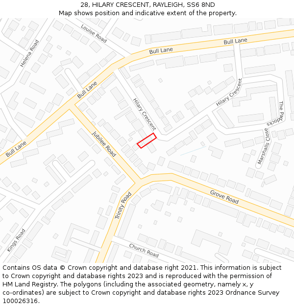 28, HILARY CRESCENT, RAYLEIGH, SS6 8ND: Location map and indicative extent of plot