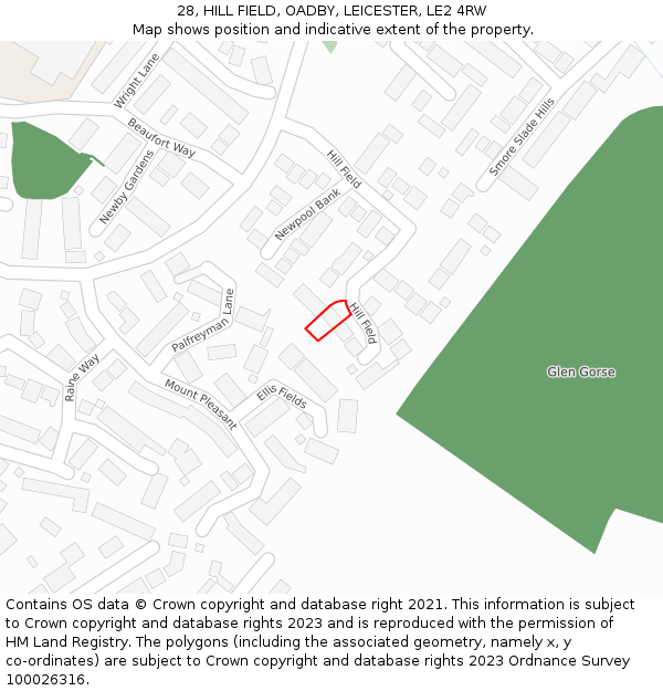 28, HILL FIELD, OADBY, LEICESTER, LE2 4RW: Location map and indicative extent of plot