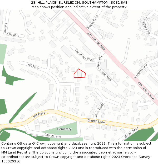 28, HILL PLACE, BURSLEDON, SOUTHAMPTON, SO31 8AE: Location map and indicative extent of plot