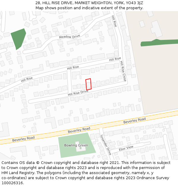 28, HILL RISE DRIVE, MARKET WEIGHTON, YORK, YO43 3JZ: Location map and indicative extent of plot