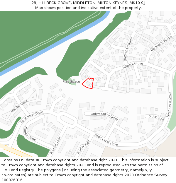 28, HILLBECK GROVE, MIDDLETON, MILTON KEYNES, MK10 9JJ: Location map and indicative extent of plot