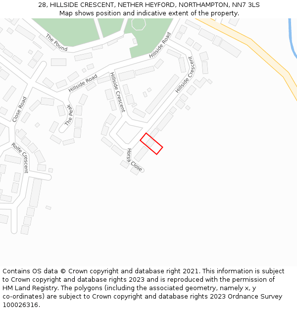 28, HILLSIDE CRESCENT, NETHER HEYFORD, NORTHAMPTON, NN7 3LS: Location map and indicative extent of plot