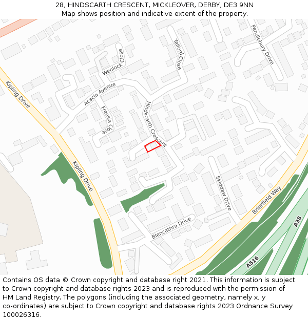 28, HINDSCARTH CRESCENT, MICKLEOVER, DERBY, DE3 9NN: Location map and indicative extent of plot