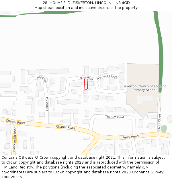 28, HOLMFIELD, FISKERTON, LINCOLN, LN3 4GD: Location map and indicative extent of plot