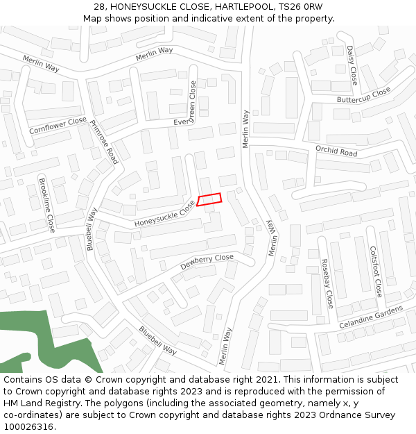 28, HONEYSUCKLE CLOSE, HARTLEPOOL, TS26 0RW: Location map and indicative extent of plot