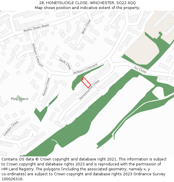 28, HONEYSUCKLE CLOSE, WINCHESTER, SO22 4QQ: Location map and indicative extent of plot