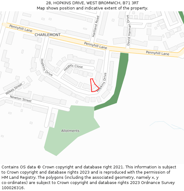 28, HOPKINS DRIVE, WEST BROMWICH, B71 3RT: Location map and indicative extent of plot