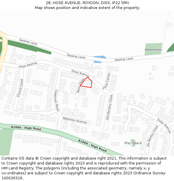 28, HOSE AVENUE, ROYDON, DISS, IP22 5RN: Location map and indicative extent of plot