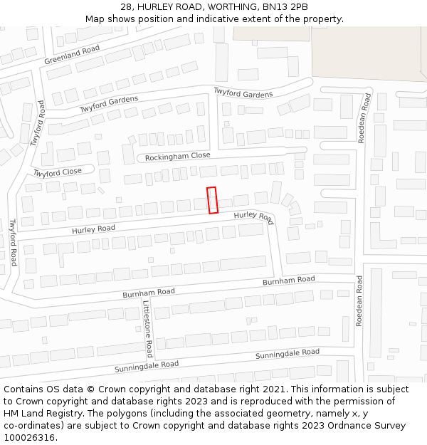 28, HURLEY ROAD, WORTHING, BN13 2PB: Location map and indicative extent of plot