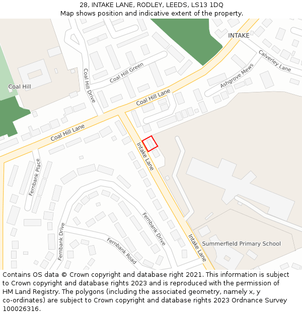 28, INTAKE LANE, RODLEY, LEEDS, LS13 1DQ: Location map and indicative extent of plot