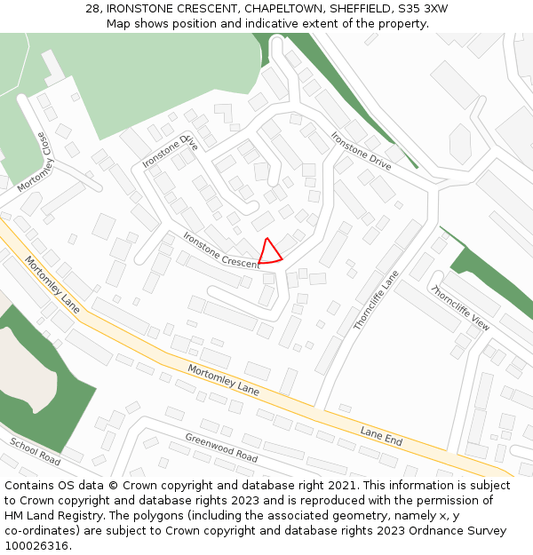 28, IRONSTONE CRESCENT, CHAPELTOWN, SHEFFIELD, S35 3XW: Location map and indicative extent of plot