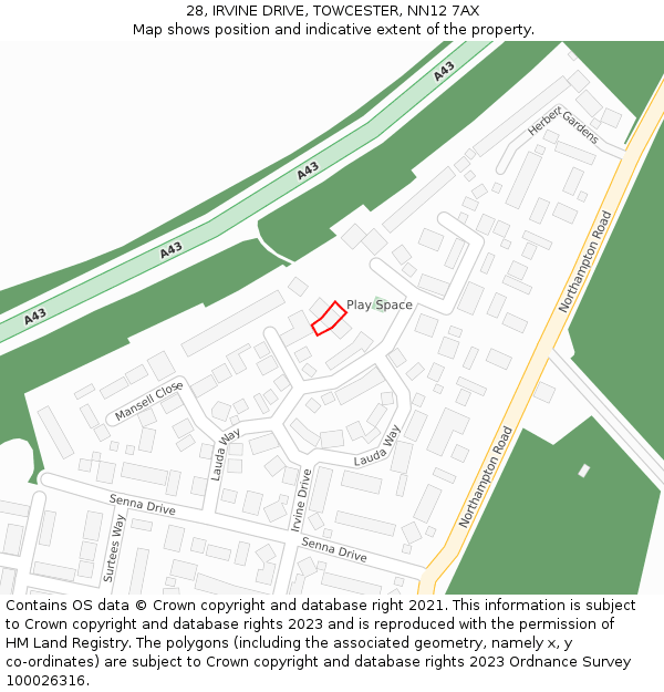 28, IRVINE DRIVE, TOWCESTER, NN12 7AX: Location map and indicative extent of plot