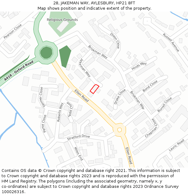 28, JAKEMAN WAY, AYLESBURY, HP21 8FT: Location map and indicative extent of plot