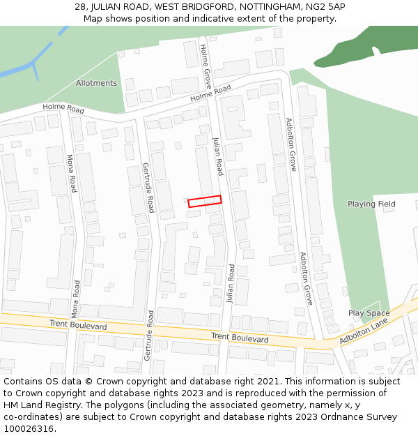 28, JULIAN ROAD, WEST BRIDGFORD, NOTTINGHAM, NG2 5AP: Location map and indicative extent of plot