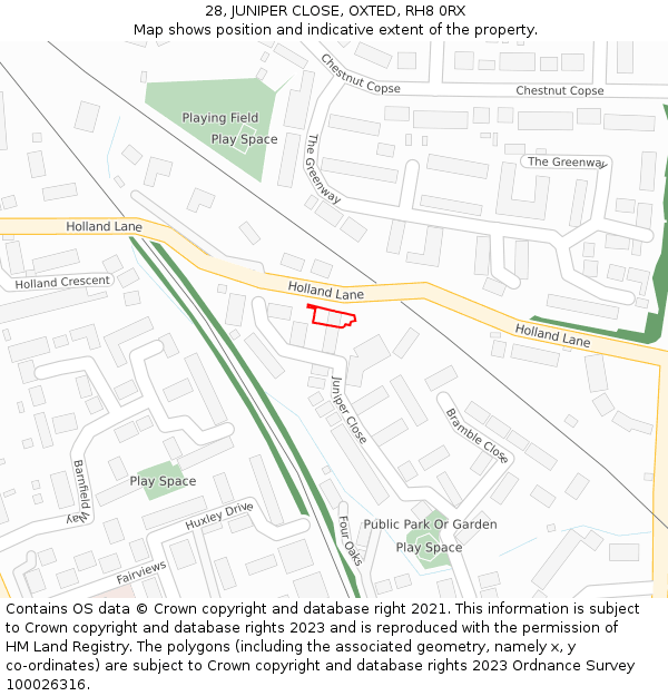 28, JUNIPER CLOSE, OXTED, RH8 0RX: Location map and indicative extent of plot