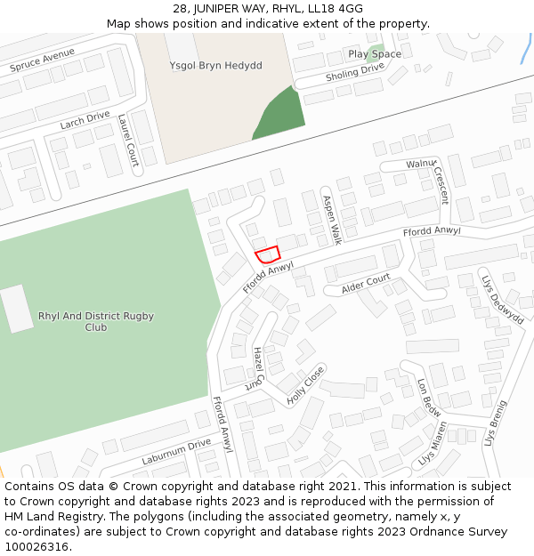 28, JUNIPER WAY, RHYL, LL18 4GG: Location map and indicative extent of plot