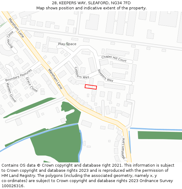28, KEEPERS WAY, SLEAFORD, NG34 7FD: Location map and indicative extent of plot
