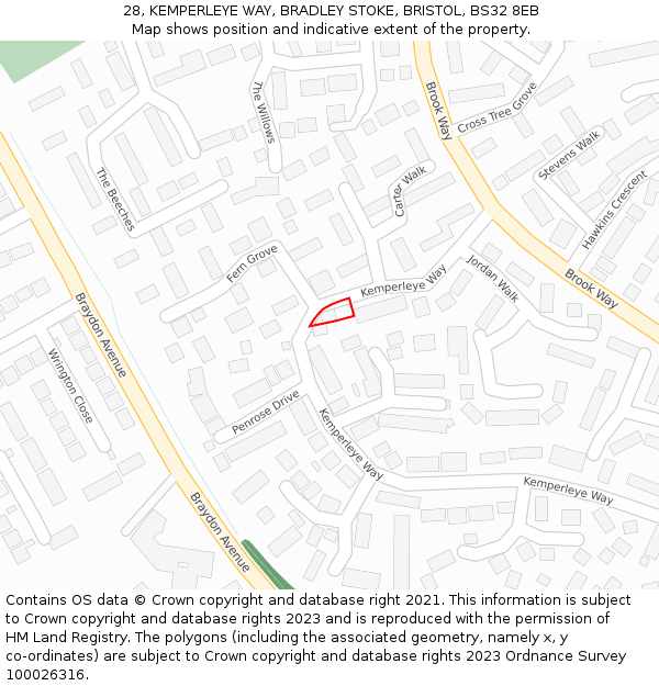 28, KEMPERLEYE WAY, BRADLEY STOKE, BRISTOL, BS32 8EB: Location map and indicative extent of plot