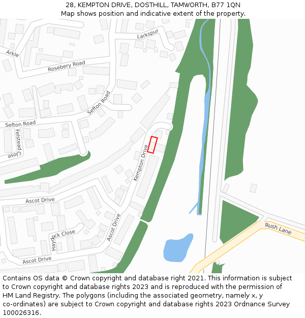 28, KEMPTON DRIVE, DOSTHILL, TAMWORTH, B77 1QN: Location map and indicative extent of plot