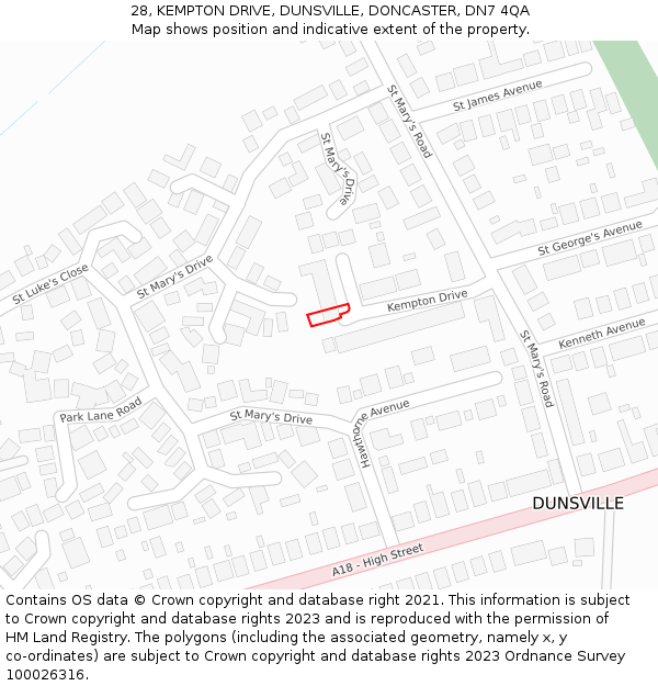 28, KEMPTON DRIVE, DUNSVILLE, DONCASTER, DN7 4QA: Location map and indicative extent of plot