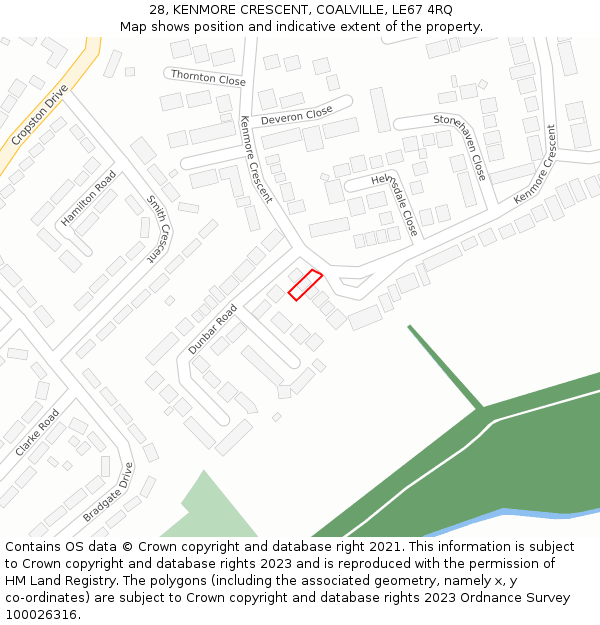 28, KENMORE CRESCENT, COALVILLE, LE67 4RQ: Location map and indicative extent of plot