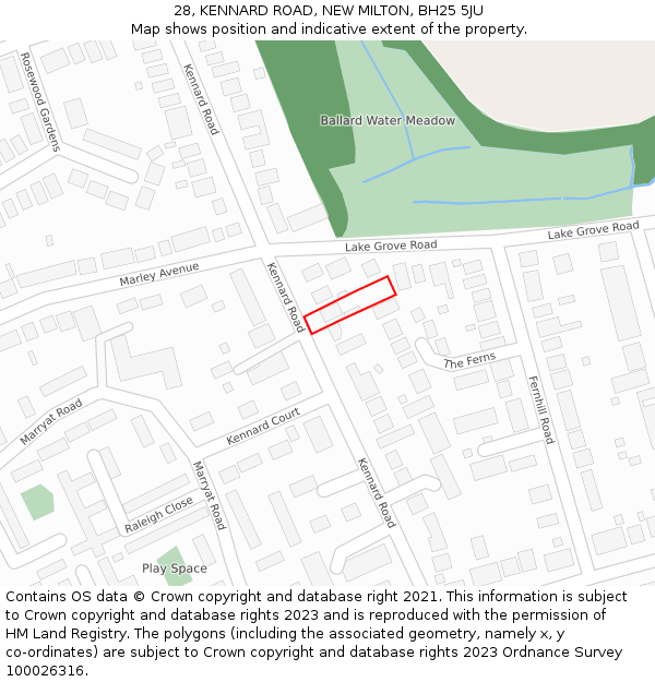 28, KENNARD ROAD, NEW MILTON, BH25 5JU: Location map and indicative extent of plot